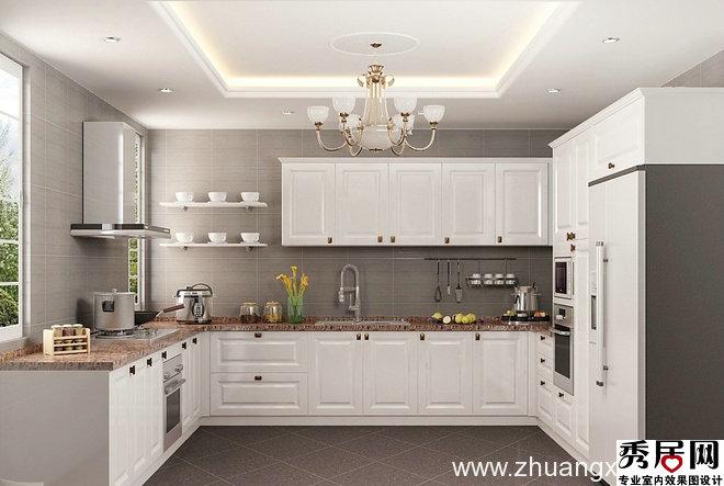 欧派整体厨房白色柜体搭配花岗岩台面效果图 敞开式厨房